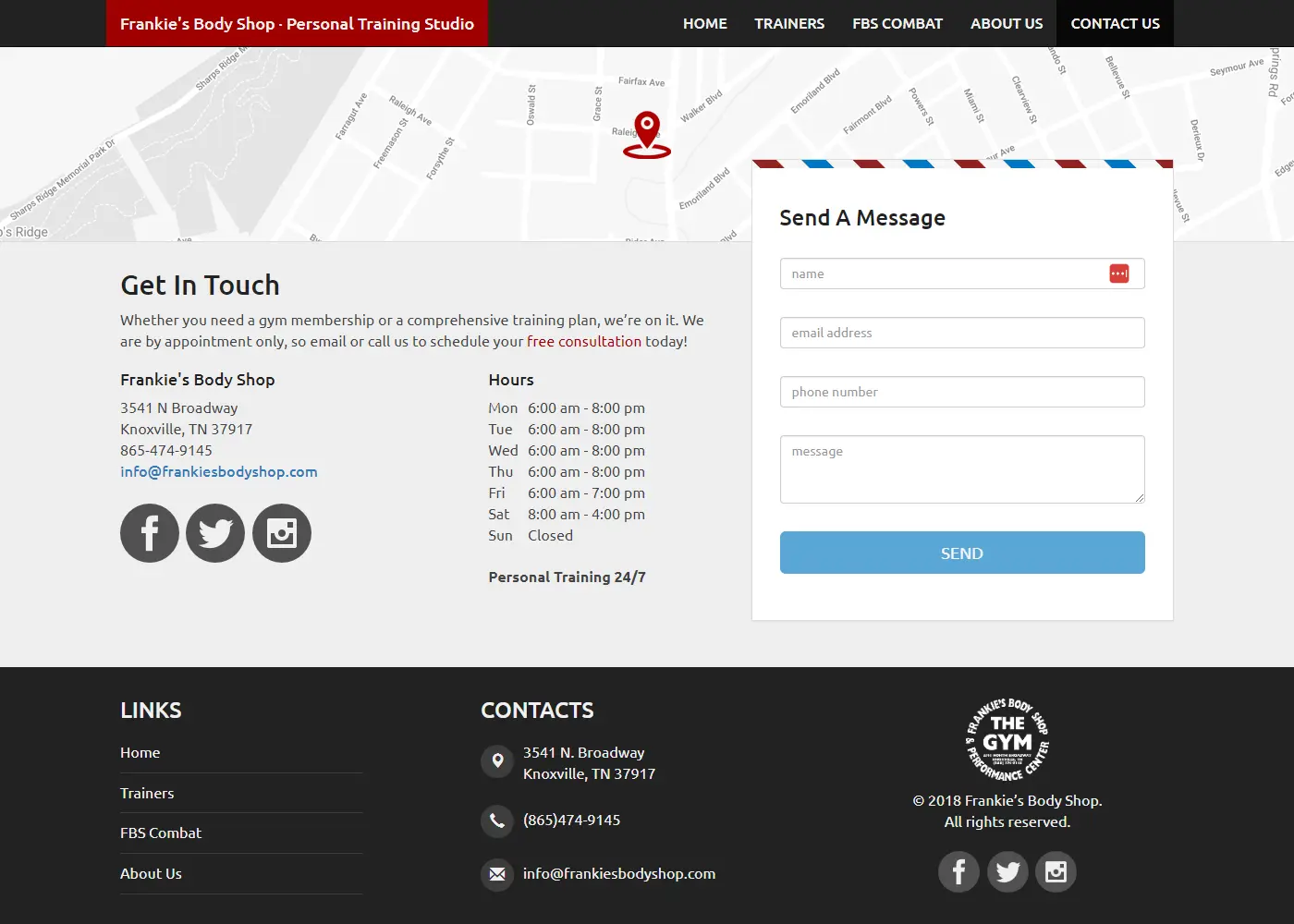 Contact options showing map, contact form, phone number, email, and hours of operation.