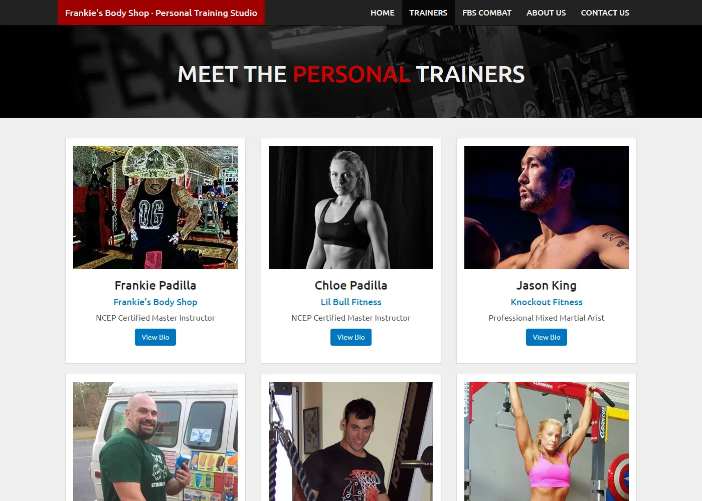 Three column gallery of trainers with name, title, and button to view profile page.