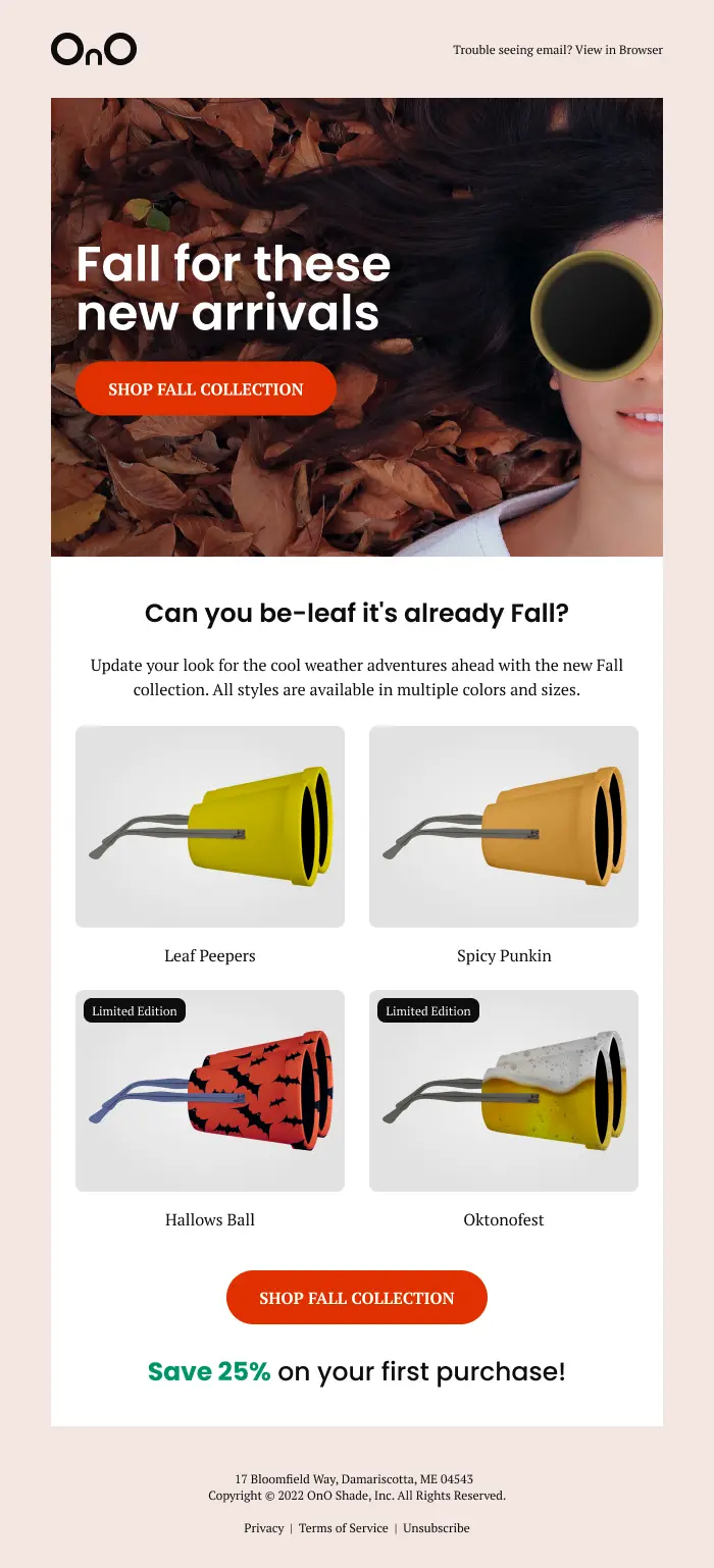 Email with logo , CTA focal area, and gallery of 4 products thumbnails.