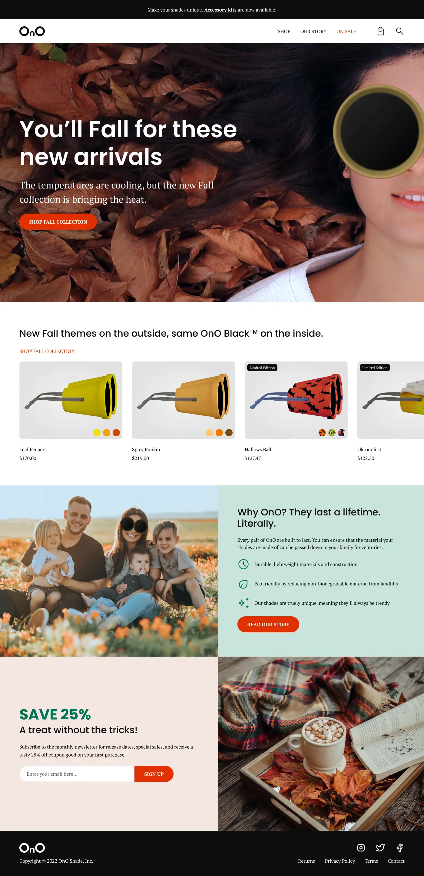 Screenshot of homepage showing woman wearing product while lying in Fall leaves.