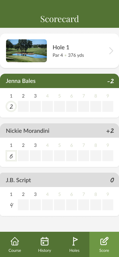 Scorecard page showing interactive scorecard system for multiple players.